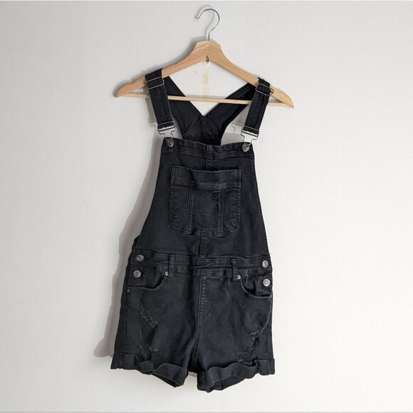 Rue 21 Black Distressed Overalls Shortalls - Picture 1 of 7
